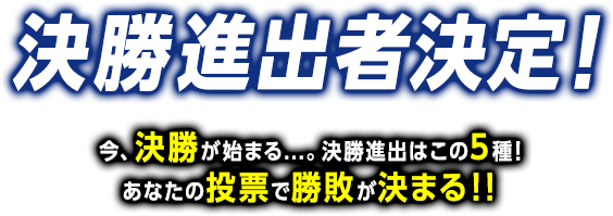 決勝進出者決定！今、決勝が始まる...。決勝進出はこの5種！あなたの投票で勝敗が決まる！！