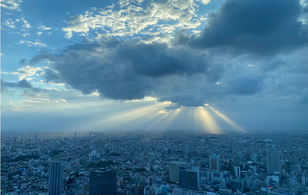 展望台から見える雲から光がさしている景色